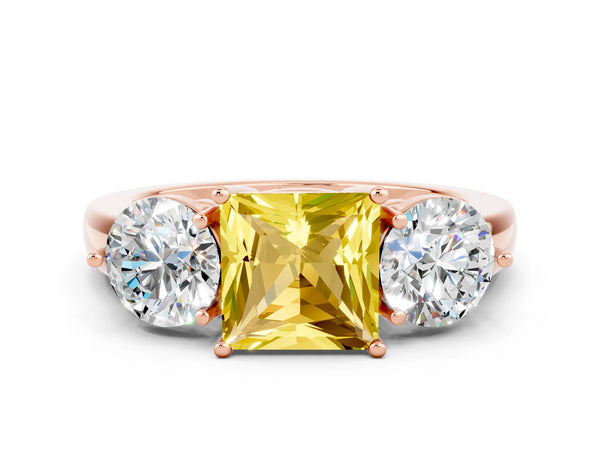 Rose gold Princess Cut Yellow Sapphire Three-Stone Ring with Prong Setting and Classic Band