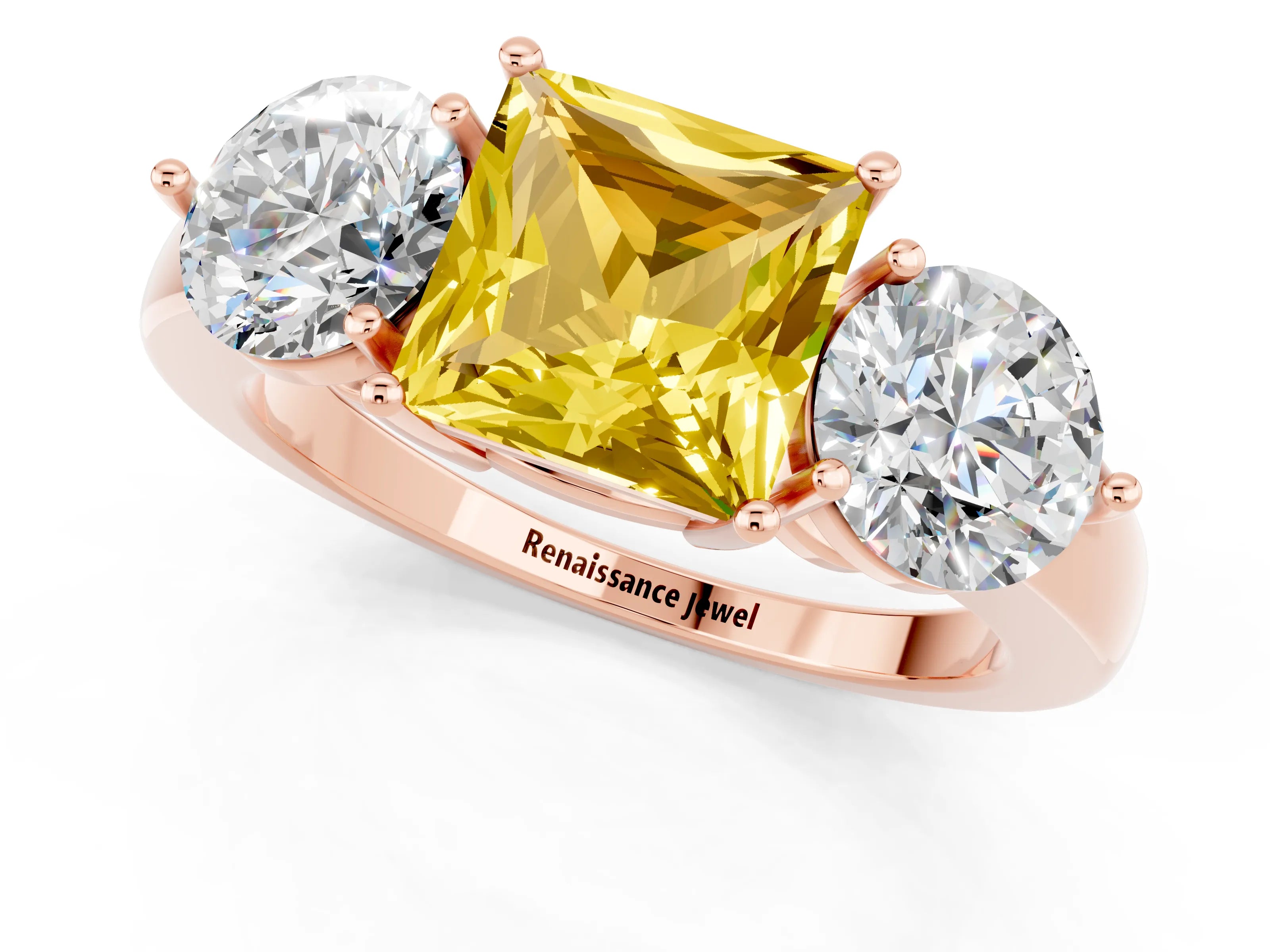 Rose gold Princess Cut Yellow Sapphire Three-Stone Ring with Prong Setting and Classic Band_1