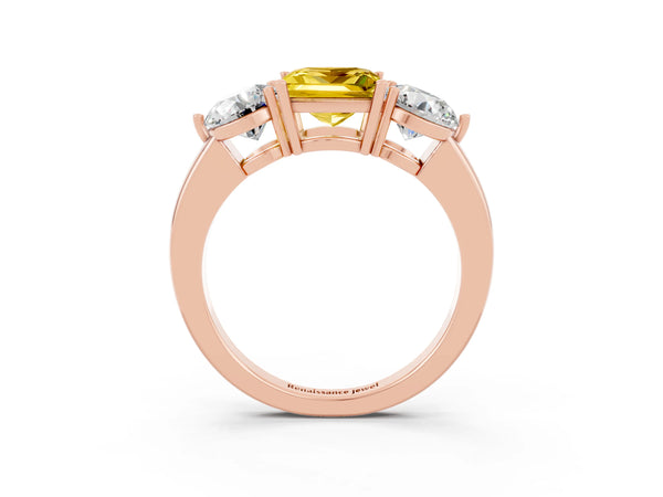 Rose gold Princess Cut Yellow Sapphire Three-Stone Ring with Prong Setting and Classic Band