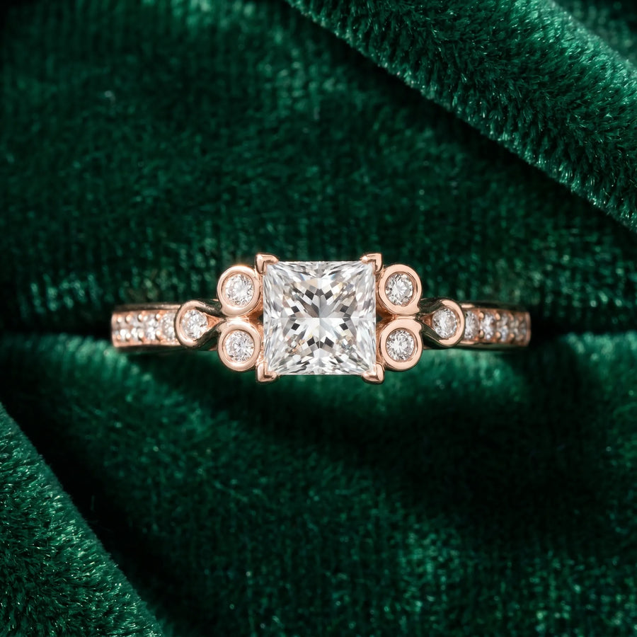 Rose gold Princess Diamond Bezel and Prong Setting with Pave Band