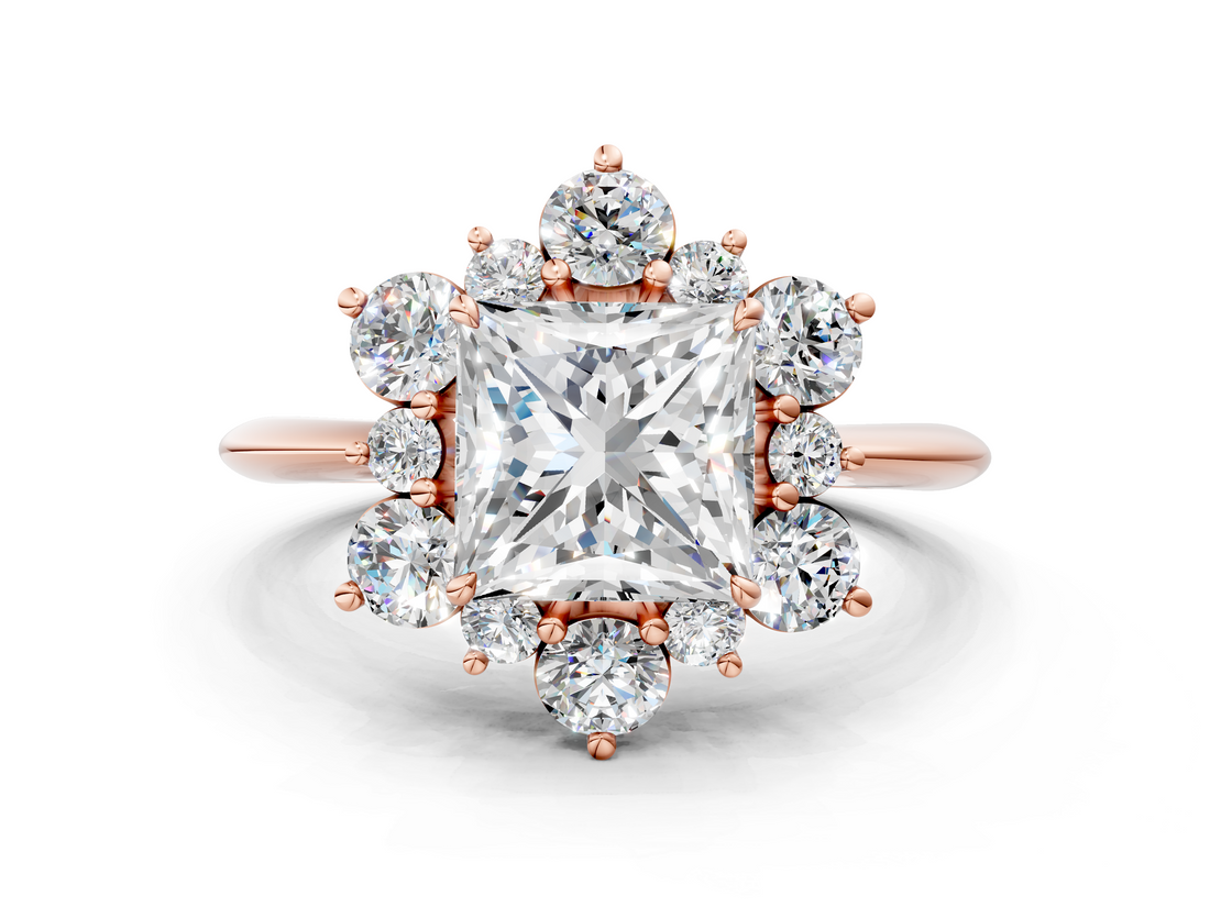 Rose gold Princess Diamond Cluster Halo Ring with Solitaire Band and Four-Prong Setting_20