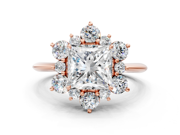 Rose gold Princess Diamond Cluster Halo Ring with Solitaire Band and Four-Prong Setting