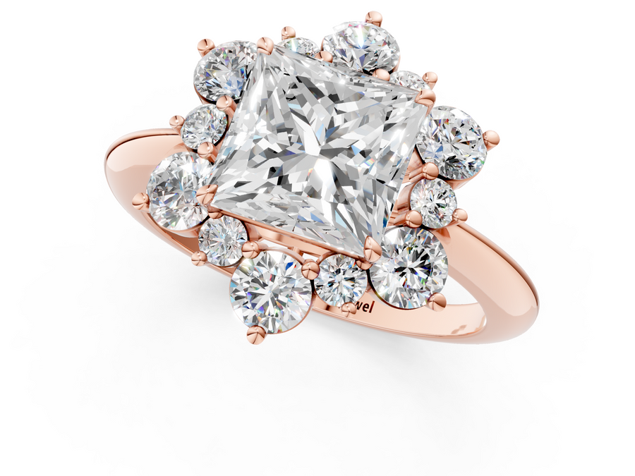 Rose gold Princess Diamond Cluster Halo Ring with Solitaire Band and Four-Prong Setting