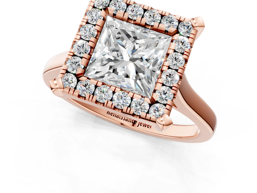 Rose gold Princess Diamond Cluster Halo Solitaire with Four-Prong Setting