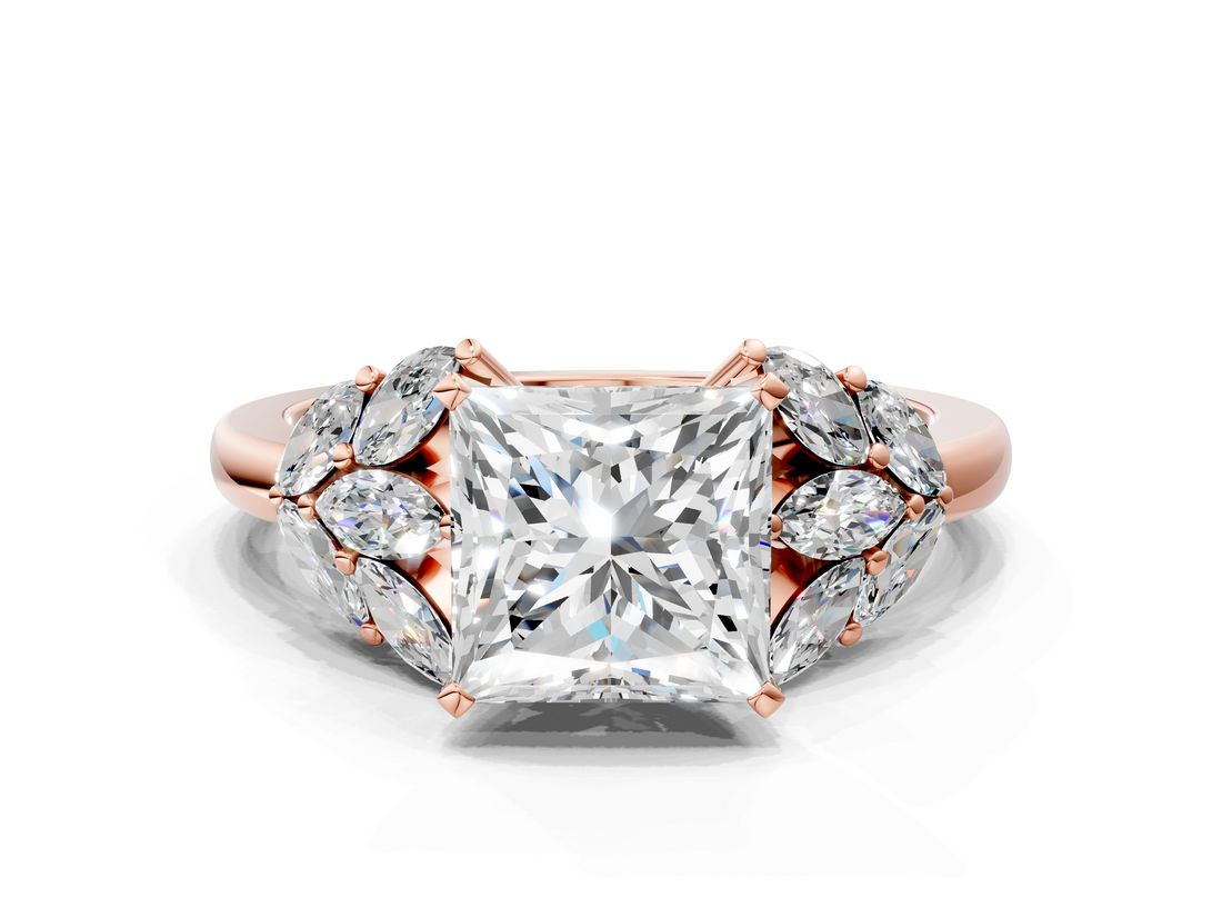 Rose gold Princess Diamond Cluster Leaf Design Ring with Prong Setting_70