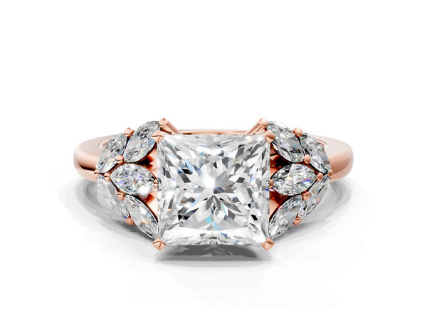 Rose Gold Princess Cut Cluster Leaf Engagement Ring Setting with Marquise Accents