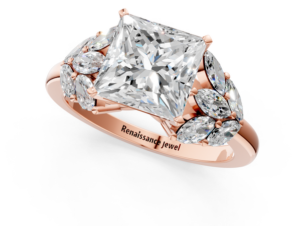 Rose Gold Princess Cut Cluster Leaf Engagement Ring Setting with Marquise Accents