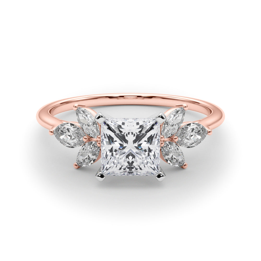 Rose gold Princess Diamond Floral Cluster Ring with Marquise Side Stones and Six-Prong Solitaire Setting 1