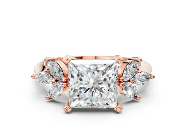 Rose gold Princess Diamond Floral Cluster Ring with Marquise Side Stones and Six-Prong Solitaire Setting