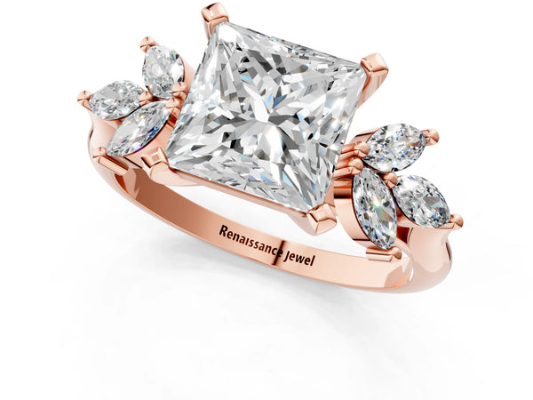 Rose gold Princess Diamond Floral Cluster Ring with Marquise Side Stones and Six-Prong Solitaire Setting