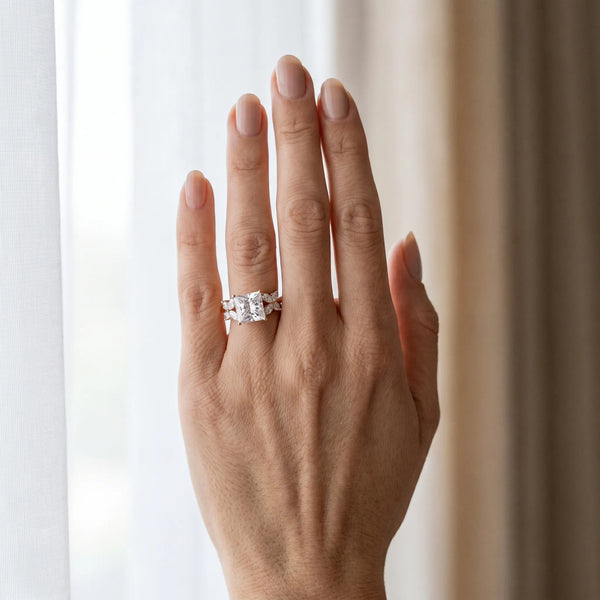 Rose gold Princess Diamond Floral Cluster Ring with Solitaire Band and Prong Setting