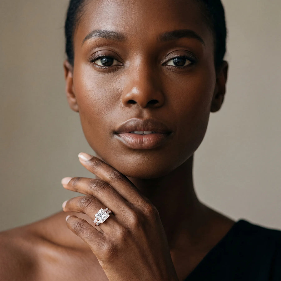 Rose gold Princess Diamond Floral Cluster Ring with Solitaire Band and Prong Setting
