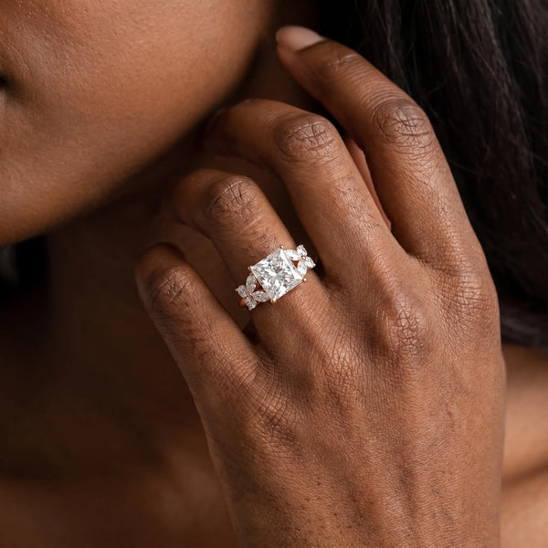 Rose gold Princess Diamond Floral Cluster Ring with Solitaire Band and Prong Setting
