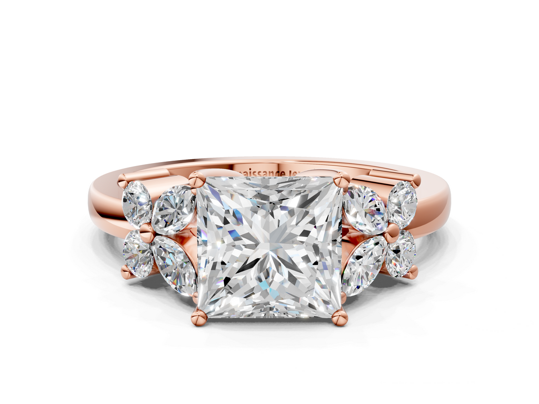 Rose gold Princess Diamond Floral Cluster Ring with Solitaire Band and Prong Setting_68