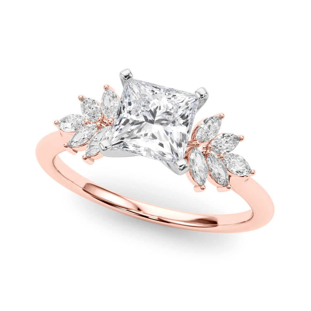 Rose gold Princess Diamond Floral Side Stone Solitaire with Marquise Accents and Four-Prong Setting