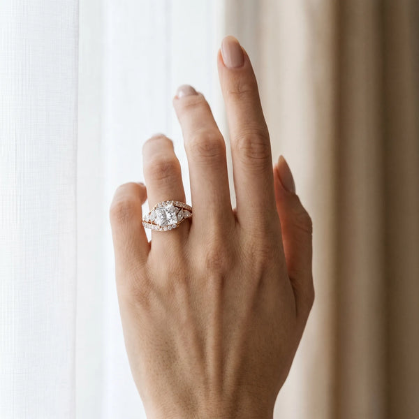 Rose gold Princess Diamond Halo Ring with Marquise and Pavé Band in Prong Setting