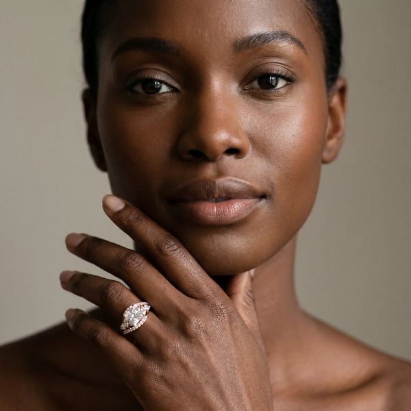 Rose gold Princess Diamond Halo Ring with Marquise and Pavé Band in Prong Setting