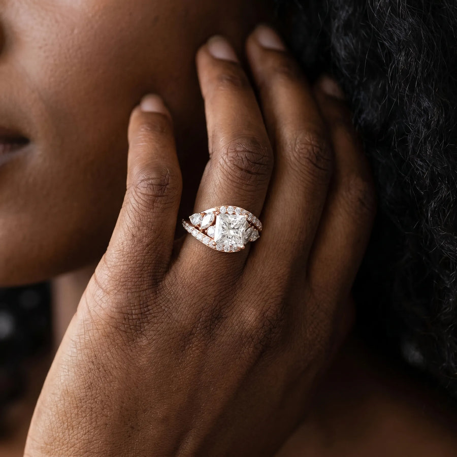 Rose gold Princess Diamond Halo Ring with Marquise and Pavé Band in Prong Setting