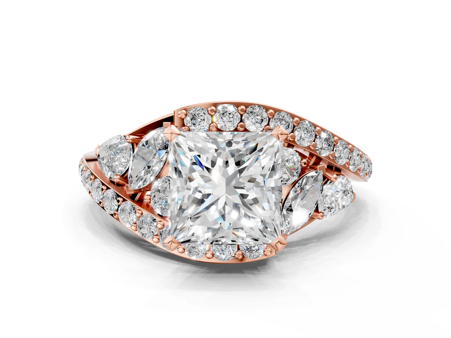 Rose gold Princess Diamond Halo Ring with Marquise and Pavé Band in Prong Setting