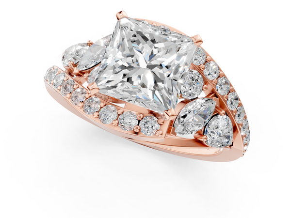 Rose gold Princess Diamond Halo Ring with Marquise and Pavé Band in Prong Setting