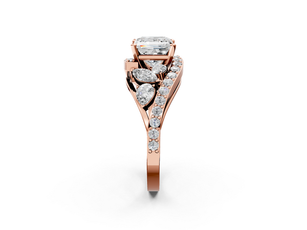 Rose gold Princess Diamond Halo Ring with Marquise and Pavé Band in Prong Setting