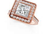 Rose gold Princess Diamond Halo Ring with Milgrain Frame and Pavé Band 1