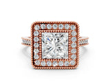 Rose gold Princess Diamond Halo Ring with Milgrain Frame and Pavé Band