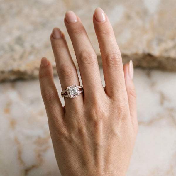 Rose gold Princess Diamond Halo Ring with Split Shank Pavé Band and Four-Prong Setting