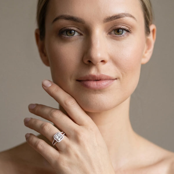 Rose gold Princess Diamond Halo Ring with Split Shank Pavé Band and Four-Prong Setting