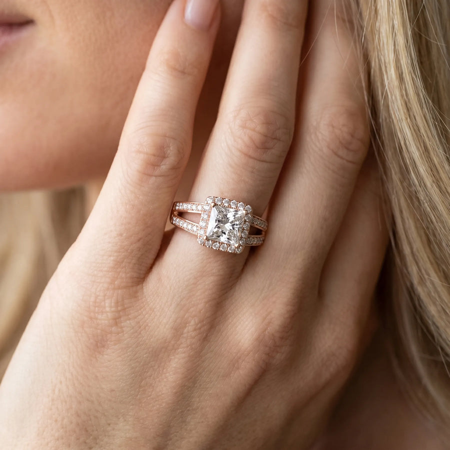 Rose gold Princess Diamond Halo Ring with Split Shank Pavé Band and Four-Prong Setting