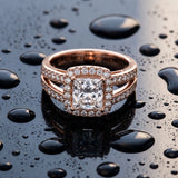 Rose gold Princess Diamond Halo Ring with Split Shank Pavé Band and Four-Prong Setting_21