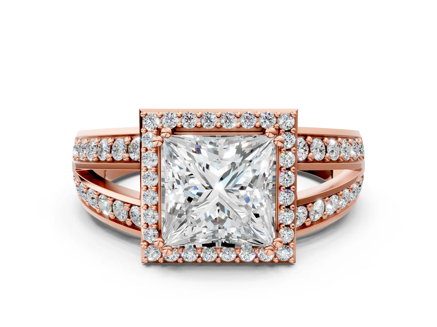 Rose gold Princess Diamond Halo Ring with Split Shank Pavé Band and Four-Prong Setting