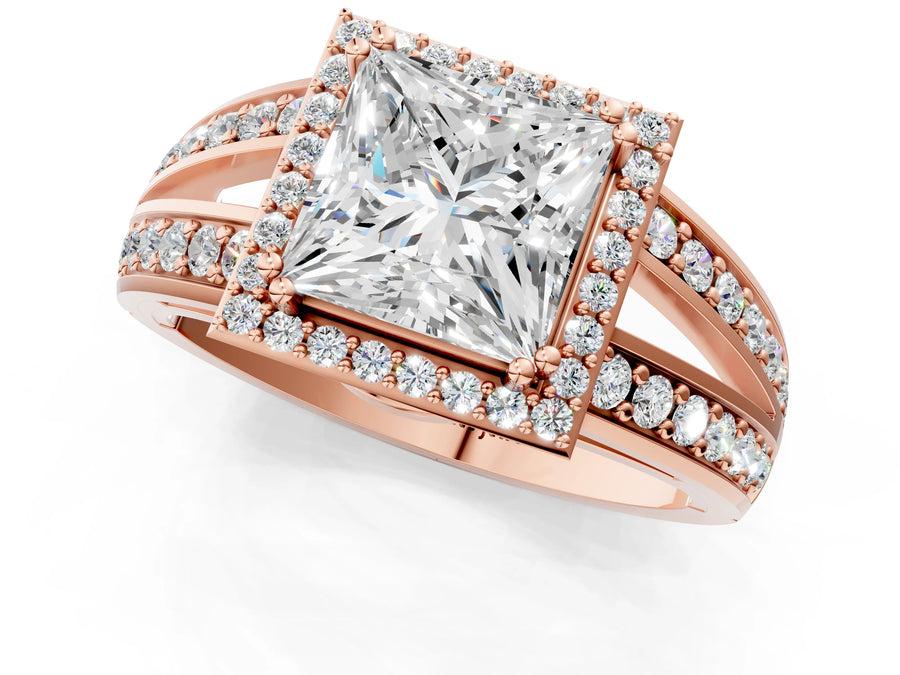 Rose gold Princess Diamond Halo Ring with Split Shank Pavé Band and Four-Prong Setting