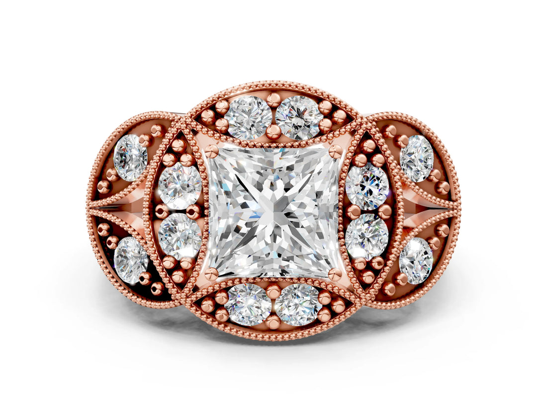 Rose gold Princess Diamond Milgrain Marquise Filigree Engagement Ring with Prong Setting_6