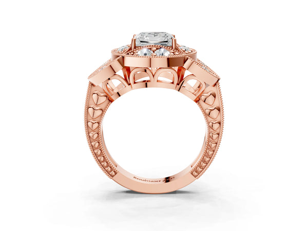 Rose Gold Princess Cut Vintage Halo Engagement Ring Setting with Milgrain Leaf Panels