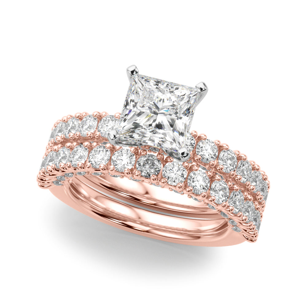 Rose gold Princess Diamond Pavé Band Solitaire Ring with Four-Prong Setting 1