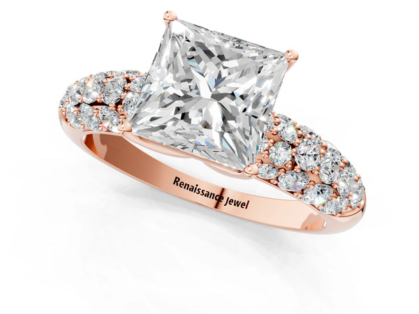 Rose gold Princess Diamond Pavé Band Solitaire Ring with Four-Prong Setting