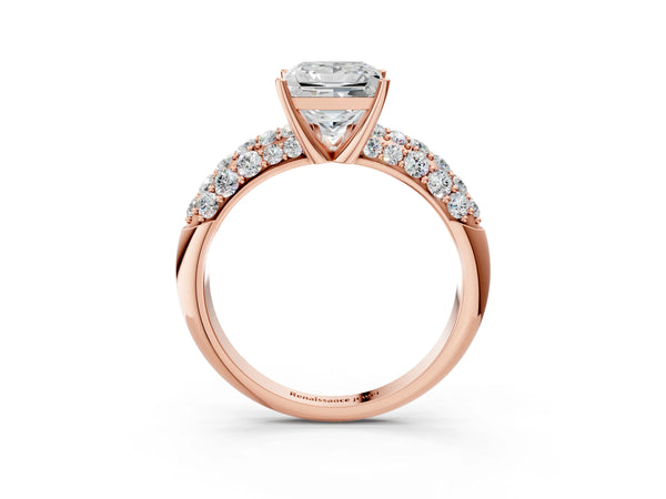 Rose gold Princess Diamond Pavé Band Solitaire Ring with Four-Prong Setting