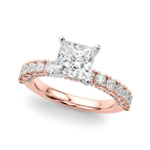 Rose gold Princess Diamond Pavé Band Solitaire Ring with Four-Prong Setting