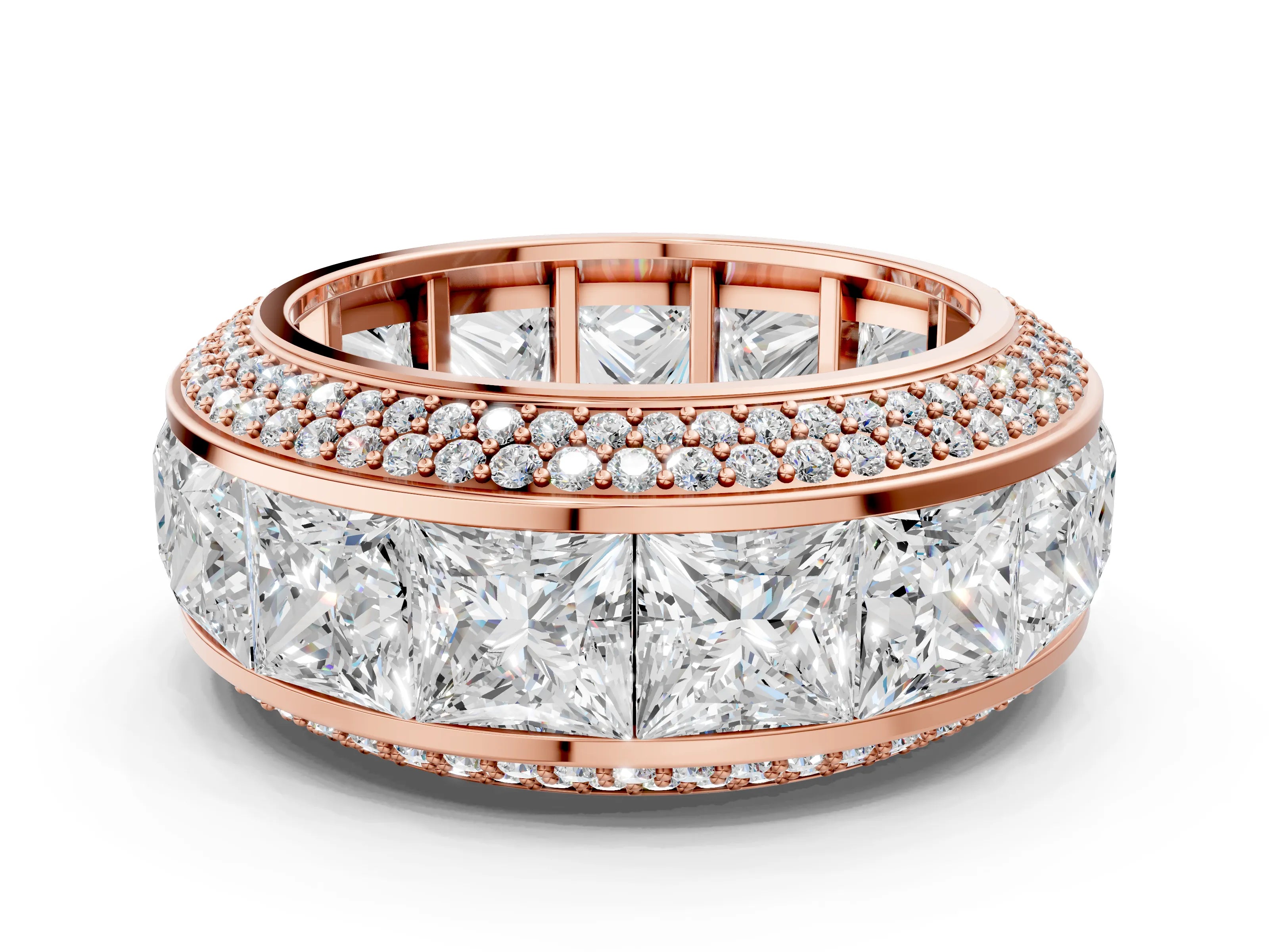 Rose gold Princess Diamond Pavé Mens Wedding Band with Round Diamond Accents