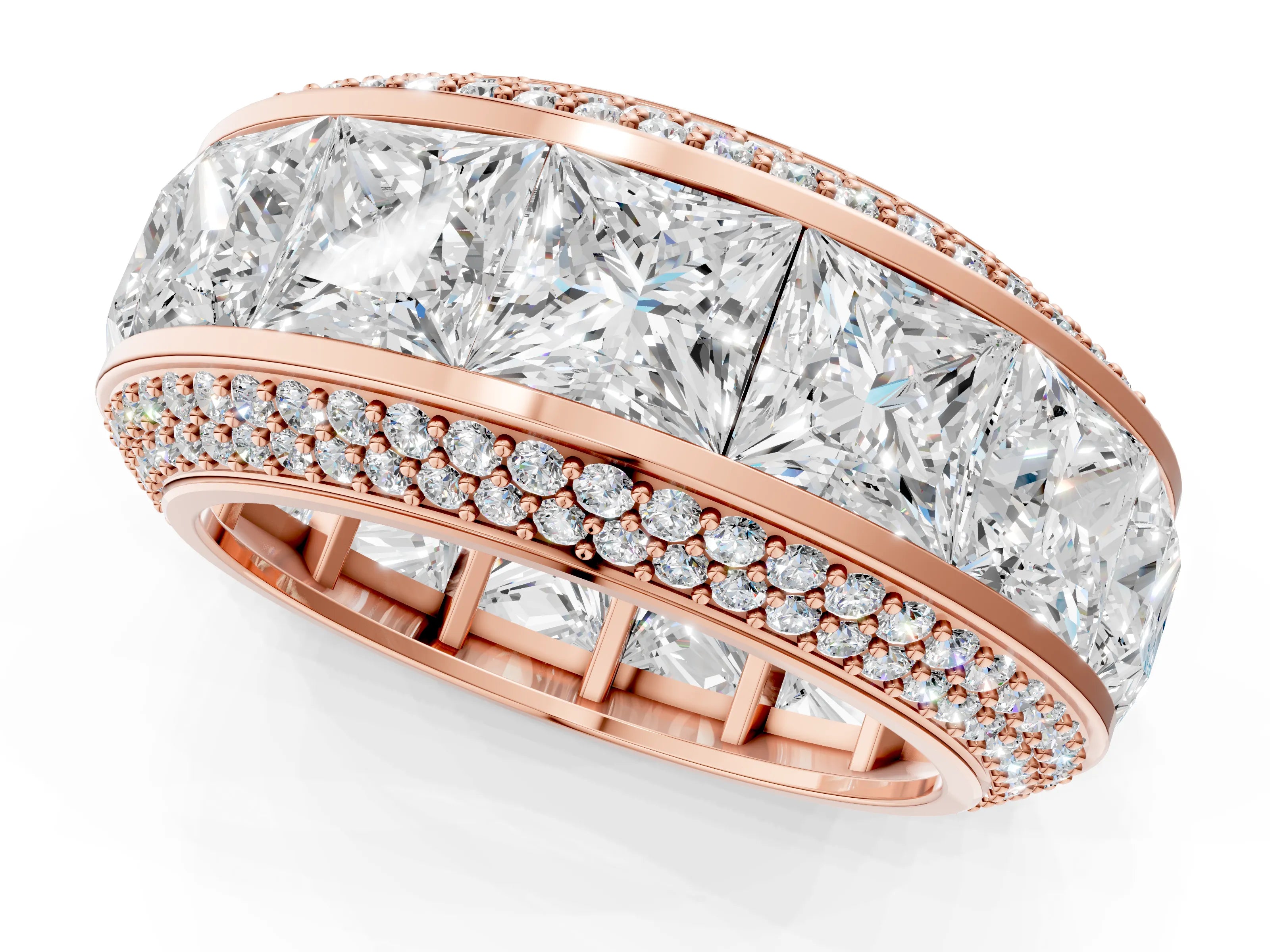 Rose gold Princess Diamond Pavé Mens Wedding Band with Round Diamond Accents_1