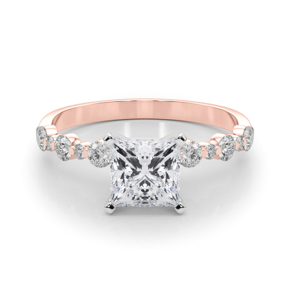 Rose gold Princess Diamond Prong Set Engagement Ring with Pave Band 1