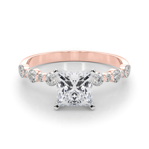 Rose gold Princess Diamond Prong Set Engagement Ring with Pave Band 1