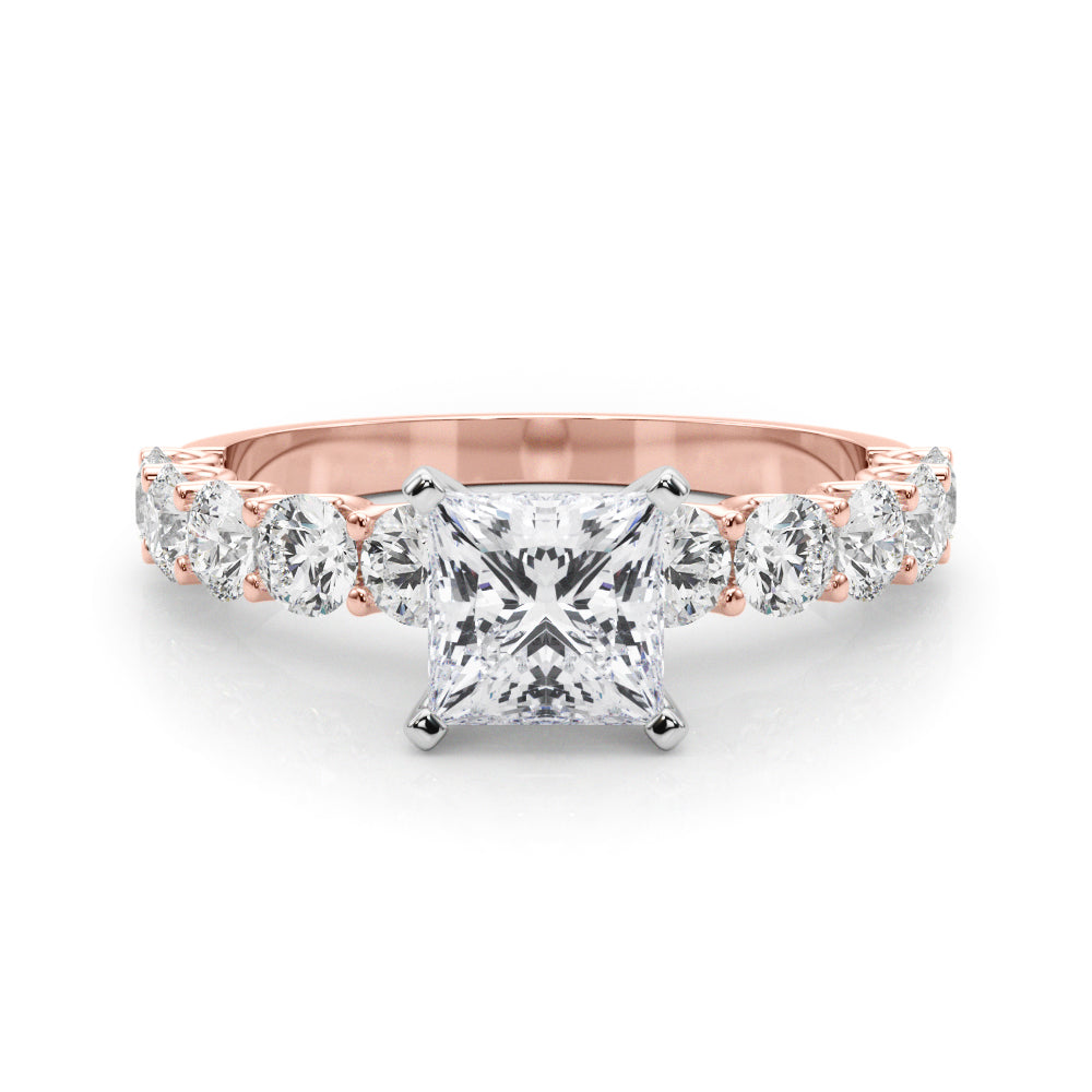 Rose gold Princess Diamond Prong Setting with Side Stones on a Pave Band 1