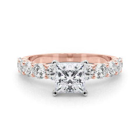 Rose gold Princess Diamond Prong Setting with Side Stones on a Pave Band 1