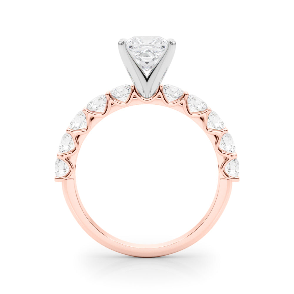 Rose gold Princess Diamond Prong Setting with Side Stones on a Pave Band 2