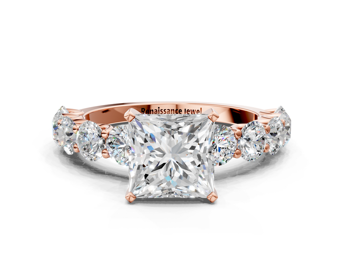 Rose gold Princess Diamond Prong Setting with Side Stones on a Pave Band_129