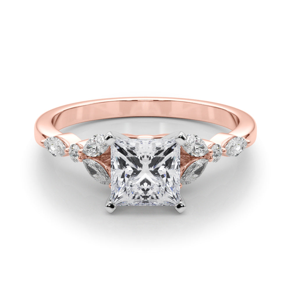 Rose gold Princess Diamond Solitaire with Side Stones on a White Gold Band and Four-Prong Setting 1
