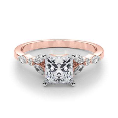 Rose gold Princess Diamond Solitaire with Side Stones on a White Gold Band and Four-Prong Setting 1