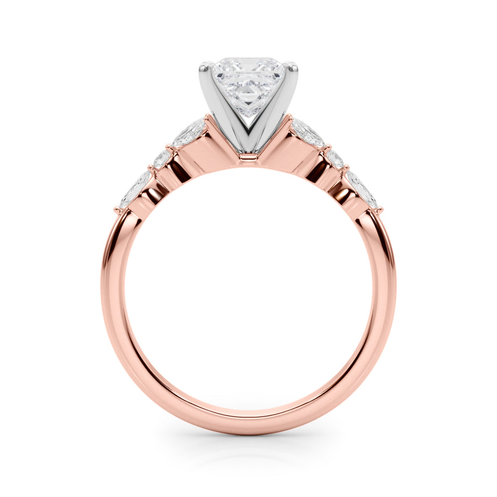 Rose gold Princess Diamond Solitaire with Side Stones on a White Gold Band and Four-Prong Setting 2
